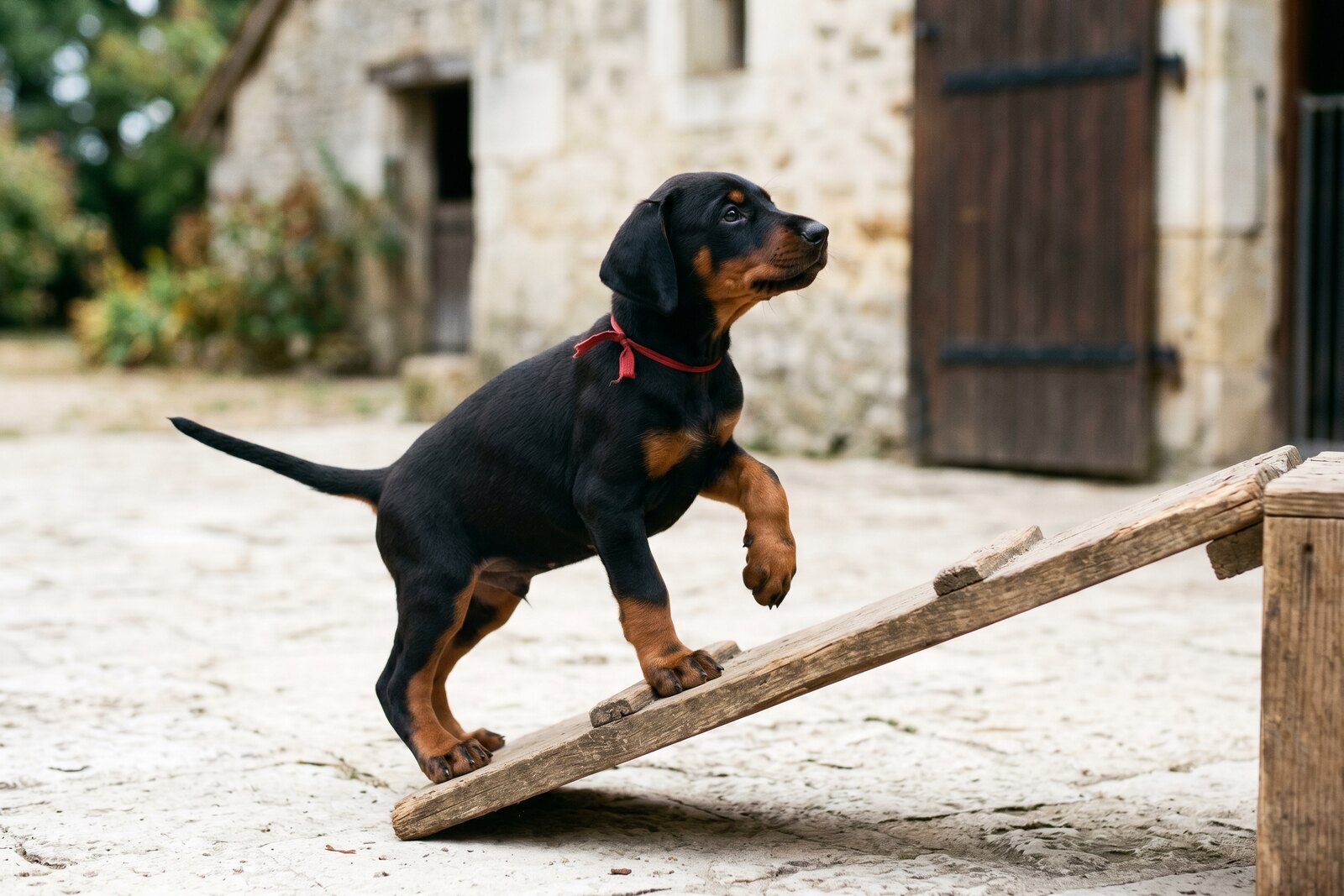 Chiot dobermann sur un module d'éveil extérieur