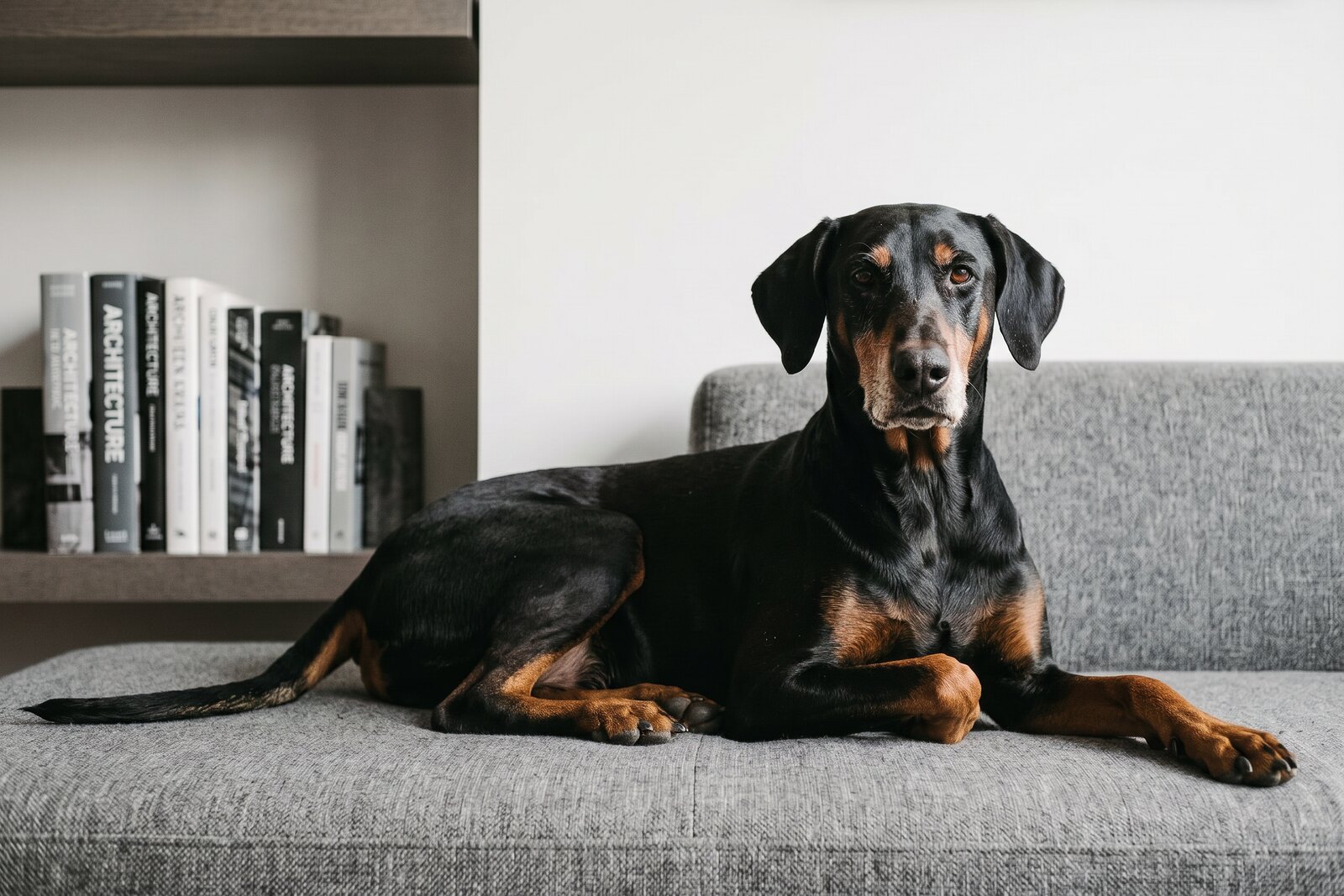 Gros plan sur la tête d'un chien de chasse à oreilles tombantes posé sur un sol en pierre, lumière rasante de fin d'après-midi entrant pa...